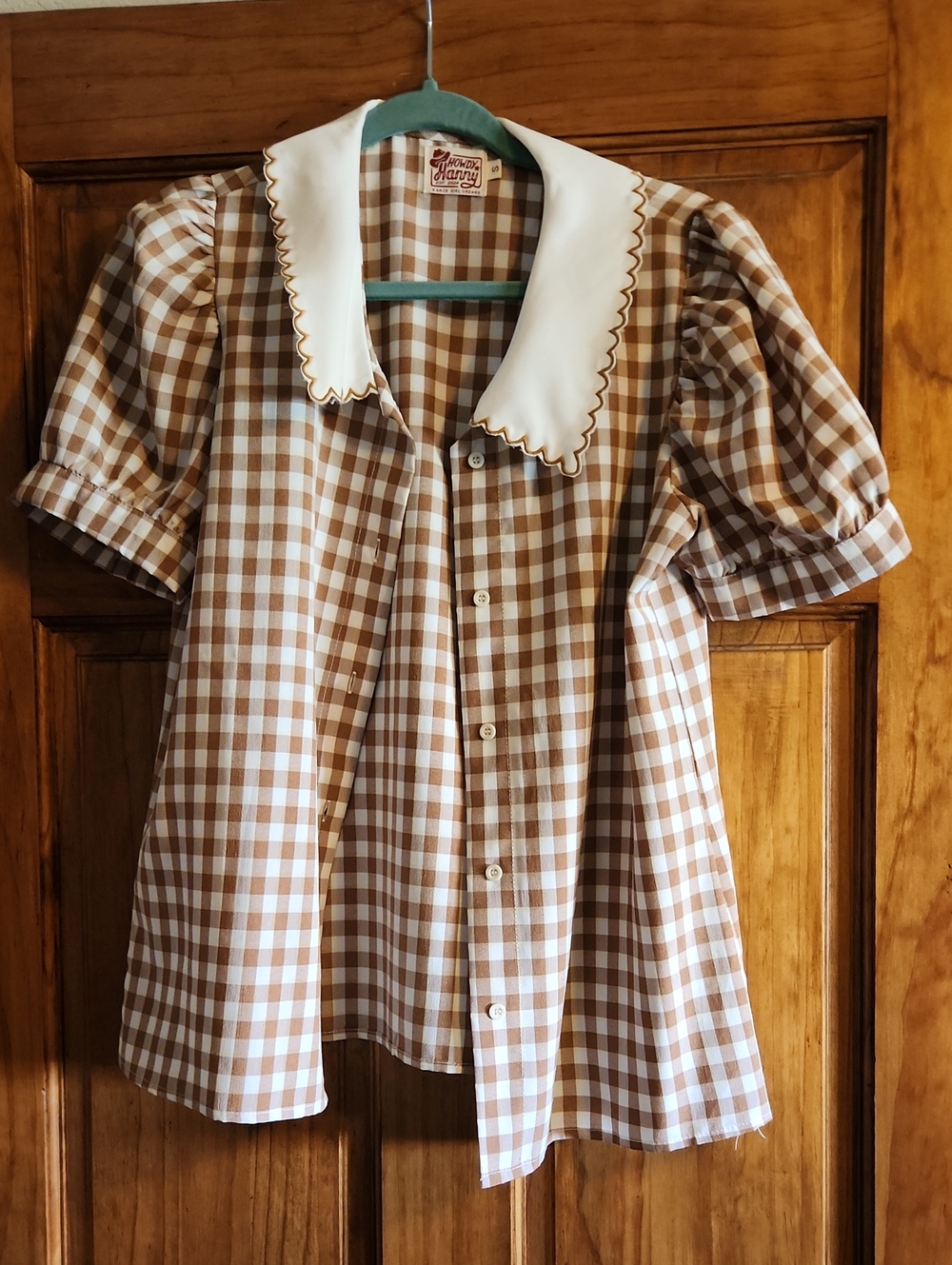 Howdy Hanny Brown Gingham Blouse with Scalloped Collar